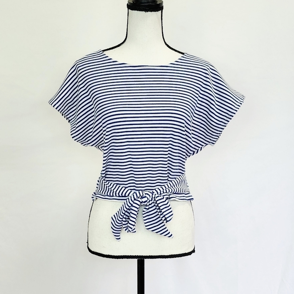 GB Blue & White Striped Crop Top with Tie Front Detail